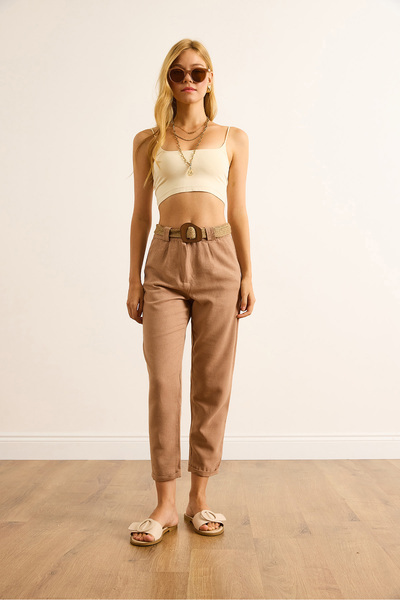 Olalook Women's Camel Double Leg Belted Linen Carrot Trousers Pnt-19000359
