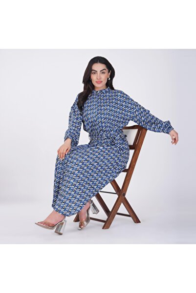 LINELLE Geometric Printed Maxi Dress – High Neck with Elastic Cuffs, Availabl...