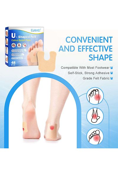 ELAIMEI U-Shaped Callus Pads, Self-Stick Foot Cushions for Pain Relief, Foot Care 48Pcs