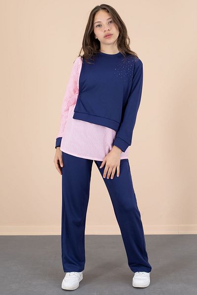 Cansın Mini Navy Blue Stripe Patterned Stone Detailed Blouse Girl's Belted Pants 2 Piece Set 20662