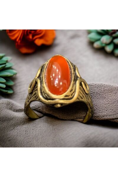 AURA STONE خاتم برونزي من الحجر الطبيعي من العقيق الأحمر من أوراستون
