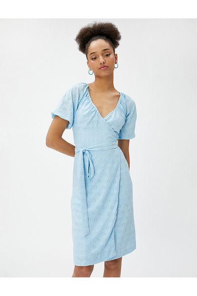 Koton V Neck Puff Sleeve Wrap Over Mini Cutwork Dress