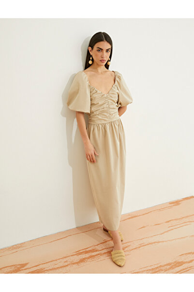 Koton فستان ماكسي قطني بأكمام منتفخة ورقبة على شكل حرف V