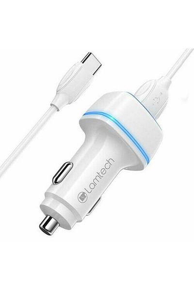 Lamtech Car Charger Lamtech, 2xUSB 2.4A, Type-C Cable, 1m, White