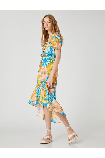 Koton Floral Short Sleeve Wrap Over Midi Dress