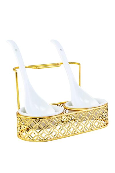 Generic Bone China Double Ladle Spoon Rest and serving Spoons with Golden Metal Holder