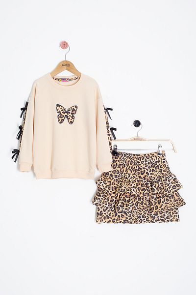 Cansın Mini Cream Butterfly Patterned Badili Leopard Skirt Girl's Bottom Top Set 20663