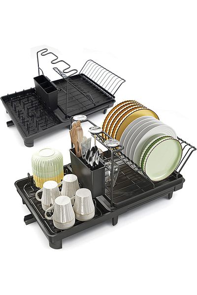 COOYA Dish Drying Rack for Kitchen Counter, Carbon Steel Large Capacity Dish Drainer with Drainboard