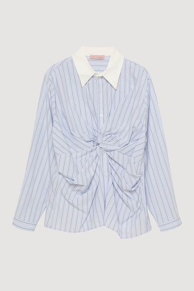 Quzu Striped Double Breasted Tie Blue Women's Shirt Gml00272