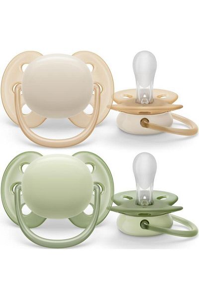 Philips Avent Set 2 Pacifiers Philips-Avent SCF091/05, Ultra Soft 0-6 Months, Orthodontic, BPA-Free, Green/Beige
