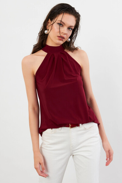 Cool & Sexy Women's Burgundy Halter Neck Blouse Lpp1273