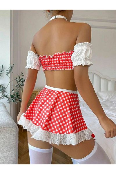 WİYONA Women's Gingham Patterned Satin Skirt Costume