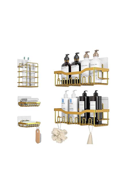 Elindor Shower Shelf and Bathroom Organizer, Set of 5 with Adhesive, No Holes, Gold
