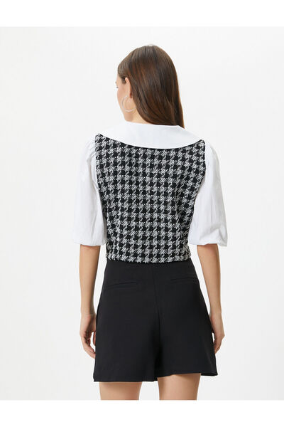 Koton Tweed Blouse Wide Peter Pan Neck Short Puff Sleeve Color Contrast