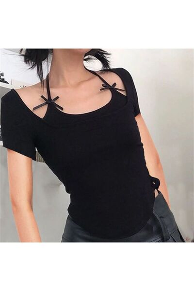 harmony factory Black Short Sleeve Basic Blouse with Strap Ribbon Y2K Gothic ...