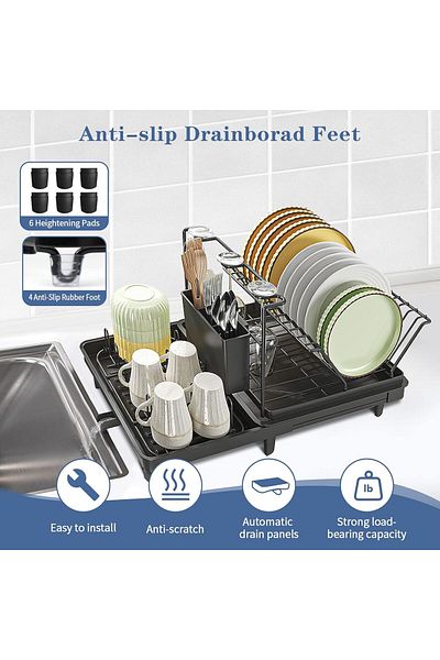 COOYA Dish Drying Rack for Kitchen Counter, Carbon Steel Large Capacity Dish Drainer with Drainboard