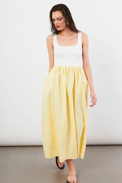 Cool & Sexy Women's Ecru-Yellow Square Neck Parachute Midi Dress Ire1460