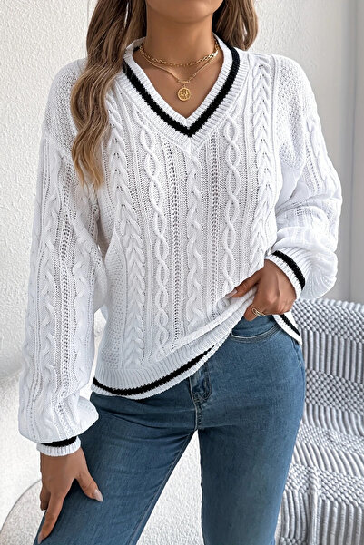 AQE FASHION Γυναικείο πλεκτό πουλόβερ με ριγέ V λαιμόκοψη λευκό