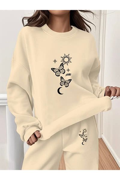 FUFLUNS Unisex Oversize Circleneck Bottom/Upper Tracksuit Set with Butterfly Sun and Moon Print