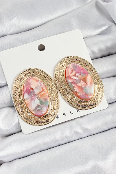STİLLOVE Brass Marble Patterned Pink Oval Vintage Model Gold Color Women's Earrings Sl12497