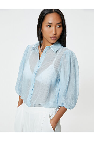 Koton قميص نسائي أزرق بأكمام منفوخة