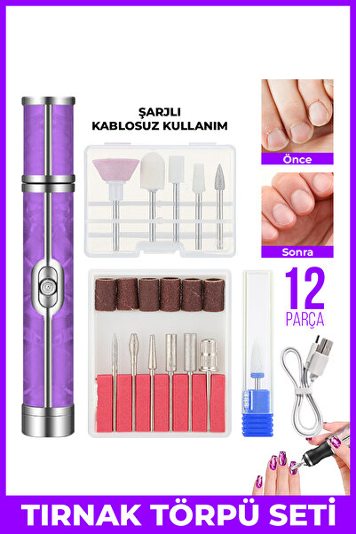 ALFAGİFT Şarjlı Manikür Pedikür Törpü Makinesi- 12 Parça Tırnak Freze Seti Tırnak Bakım Cihazı