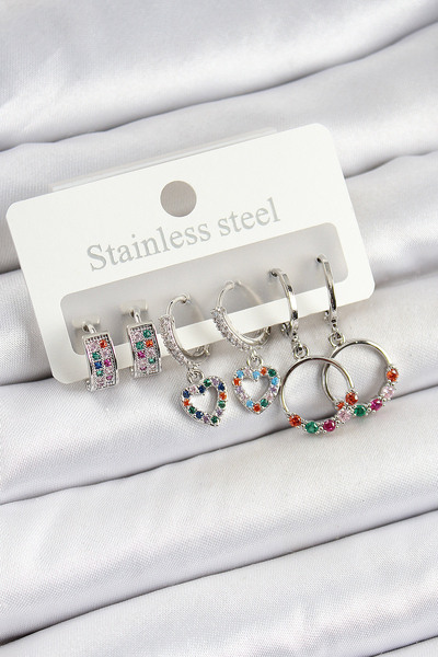 STİLLOVE Brass Zircon Stone Heart and Ring Model Gold Color Set of 6 Women's Earrings Sl12438