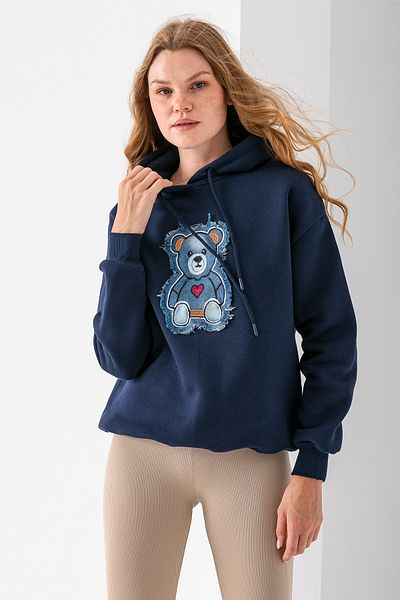 GİYSA Women's Hooded Jeans Teddy Bear Embroidered 3-Thread Sweatshirt Navy Blue - 2621