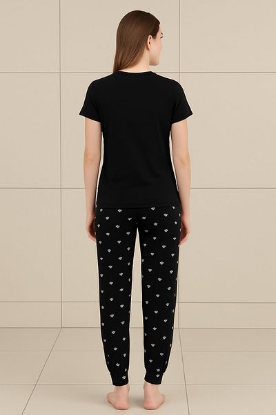 FAMESTEKSTİL Women's Black Paris Printed Heart Pattern Cotton Pajamas Set