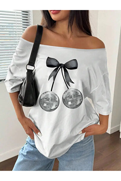 Tarzsokak Bluză albă de damă cu umeri goi și decolteu bărcuță, imprimată