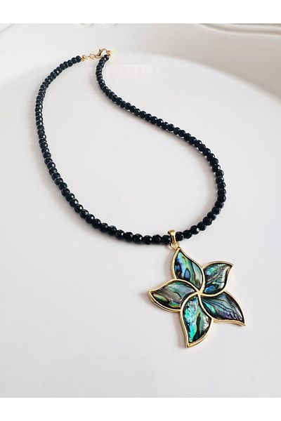 DEVİ fashion Flower Black Natural Stone Necklace 45 cm