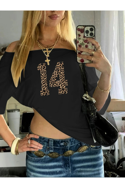Tarzsokak بلوزة نسائية سوداء مكشوفة الكتفين وياقة قارب ليوبارد 14 مطبوعة