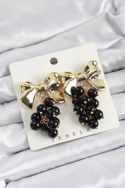 STİLLOVE Brass Dangle Black Beaded Bow Vintage Model Gold Color Women's Earrings Sl12493