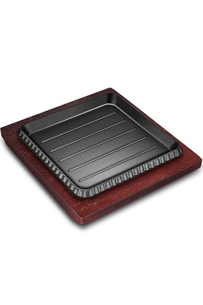 Generic BERTY·PUYI Cast Iron Steak Plate with Meat Plate Hot Plate and Wood Based,Square Barbecue Plate,Tep