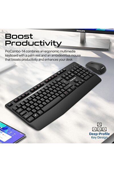 Promate Ergonomic wireless Multimedia keyborad plam resta Arabic/english