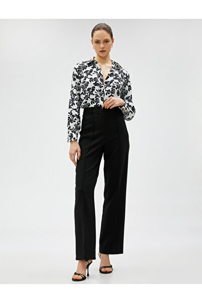 Koton قميص نسائي أسود مزهر بأكمام طويلة