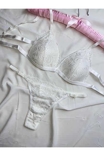 ROZENİN LINGERIE Мереживне бюстгальтер без кісточок з трикутними чашками, трусики-танга в подарунок, комплект нижньої білизни