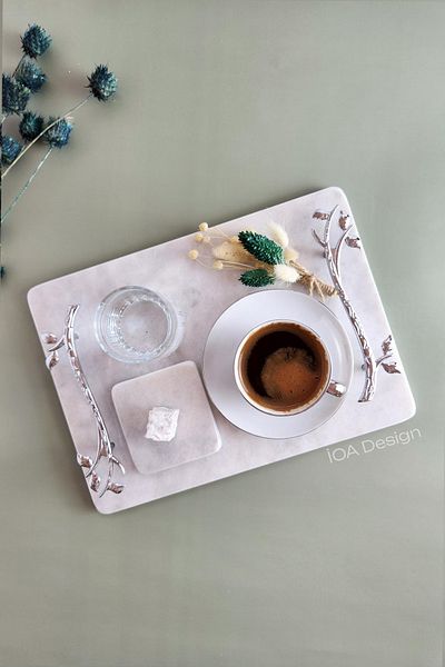 ioadesign Acacia - Groom's Coffee Set Real Fine Marble Tray + Cup + Water Cup + Turkish Delight Bowl Silver Handle