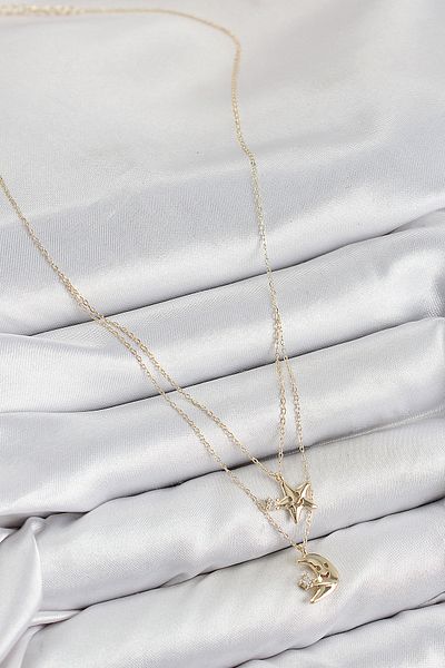 STİLLOVE Brass Zircon Stone Star and Moon Model Gold Color Women's Necklace