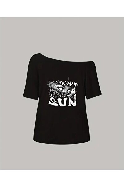 Tarzsokak Bluză neagră pentru femei, cu umerii goi, decolteu bărcuță, imprime...