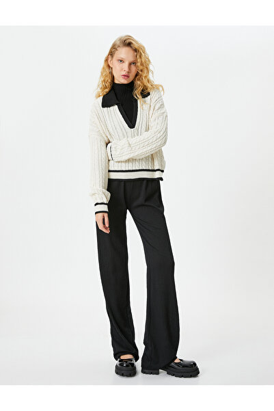 Koton Trousers High-Rise Relax Fit Textured Standard Leg