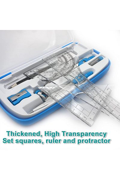 Saharaz Maths Compasses Starter Geometry Kit with 2 Drafting Compasses Protractor Set Squares Ruler and More