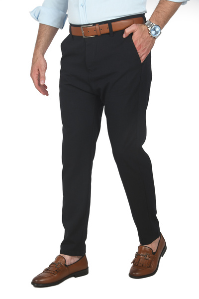DeepSEA Men's Navy Blue Italian Cut Lycra Sports Trousers Stretch Fabric Ankle Length Pipe Leg Classic Trousers 2