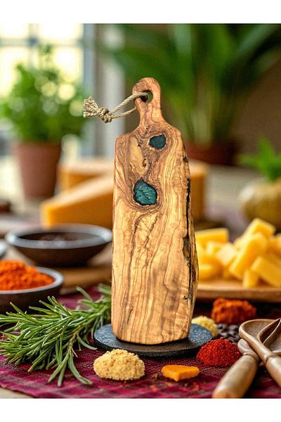 F&S WoodArt 39 X 11 cm Natural Olive Tree Green Epoxy Filled Handle Cutting Presentation Board