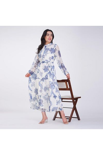 LINELLE White & Blue Floral Tiered Maxi Dress – Mandarin Collar with Elastic Cuffs