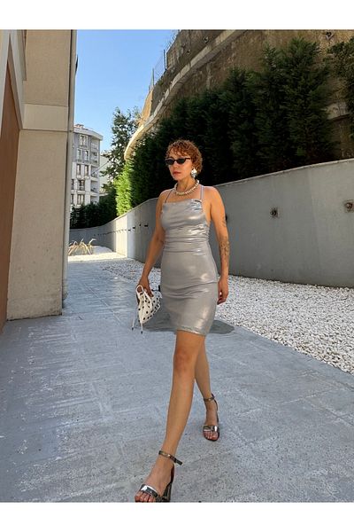 Bak'ap Metal Silver Shiny Backless Mini Dress