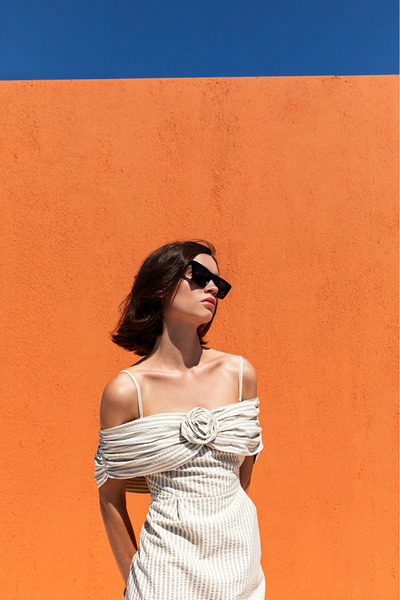 KAMEYA Rose Detailed Striped Khaki Dress