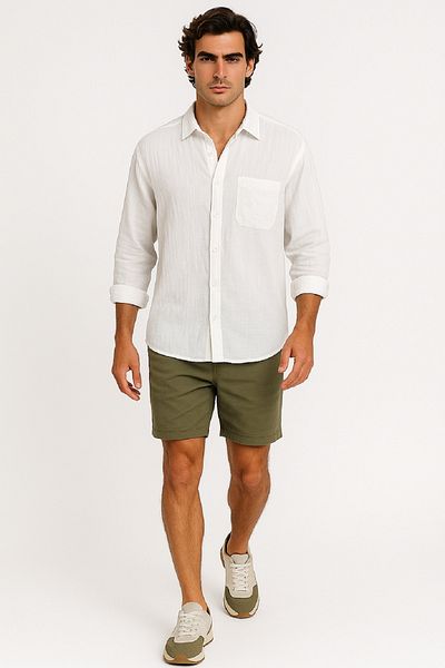OIL PARK Men's Long Sleeve Oversize Pocket Muslin Linen Shirt