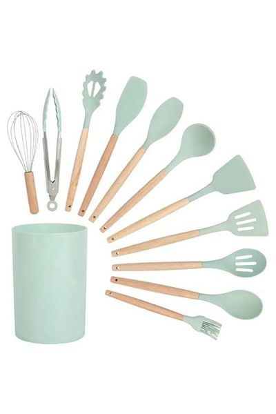Tradeo 12-piece BPA-free silicone utensil set with stainless handles—non-stick, heat-resistant & safe.