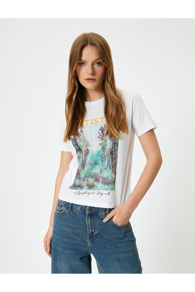 Koton تي شيرت نسائي أبيض مطبوع برقبة دائرية